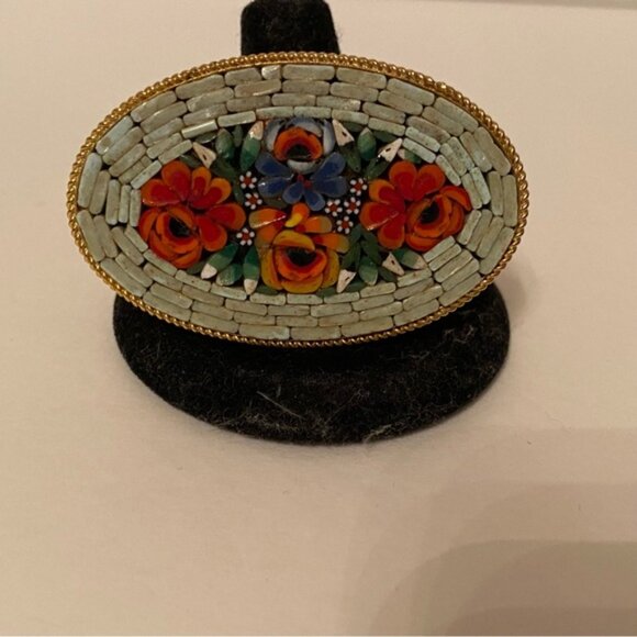 BROOCH PIN GOLD TONE VINTAGE OVAL VENETIAN MOSAIC FLORAL WHITE ORANGE RED GREEN - Picture 9 of 12